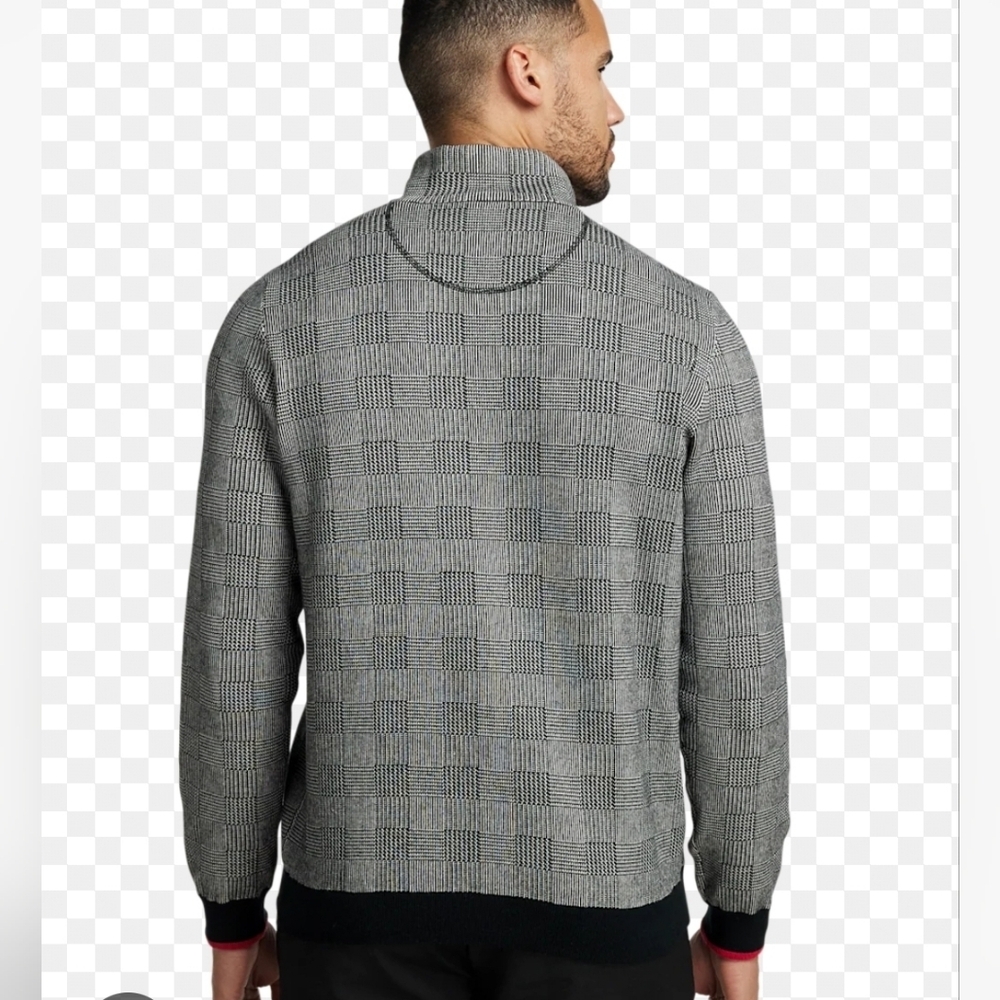 Paul Fredrick Black and Gray Checkered Quarter Zip Mock Neck Sweater - Picture 2 of 9